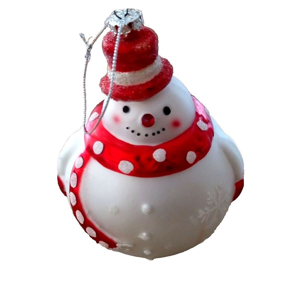 VTG Glass SNOWMAN Christmas Ornament Round Red White Snowflakes‎ Top Hat Glitter